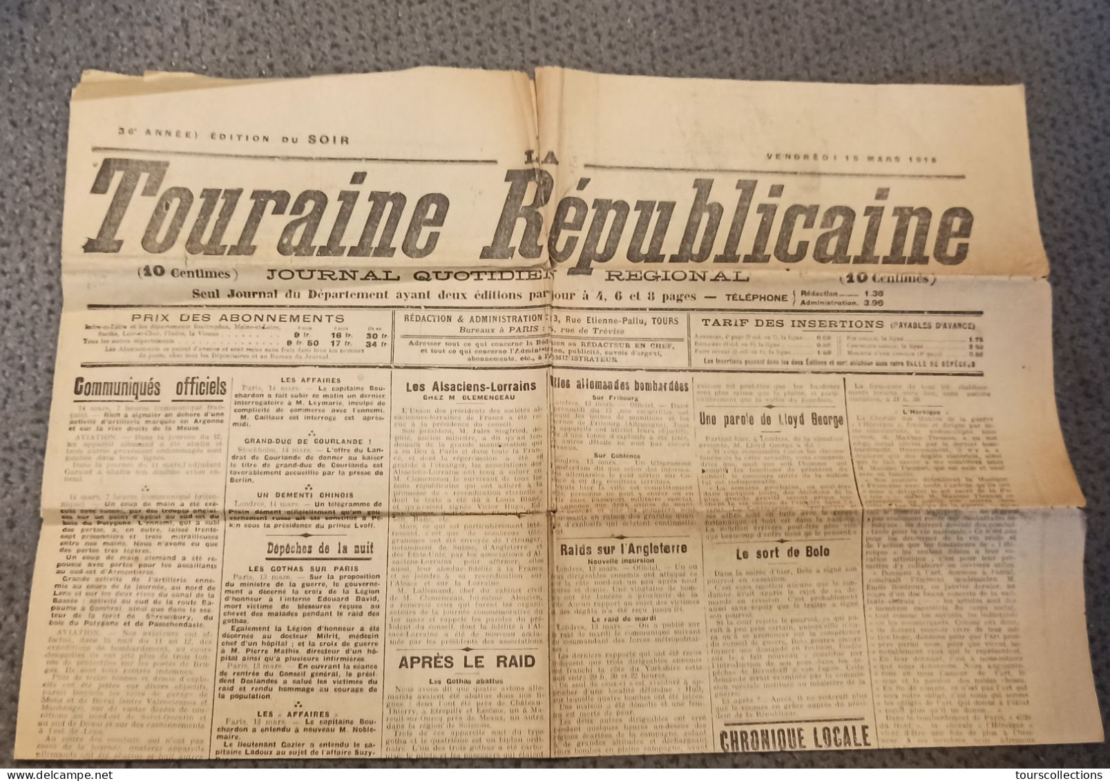 JOURNAL ANCIEN D' INDRE ET LOIRE (37) Touraine Républicaine 15 Mars 1918 WW1 Guerre Appel De La Classe 19 - Otros & Sin Clasificación