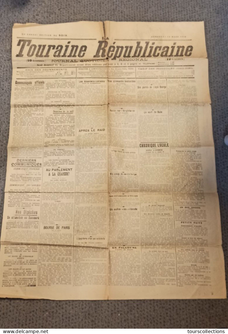 JOURNAL ANCIEN D' INDRE ET LOIRE (37) Touraine Républicaine 15 Mars 1918 WW1 Guerre Appel De La Classe 19 - Autres & Non Classés