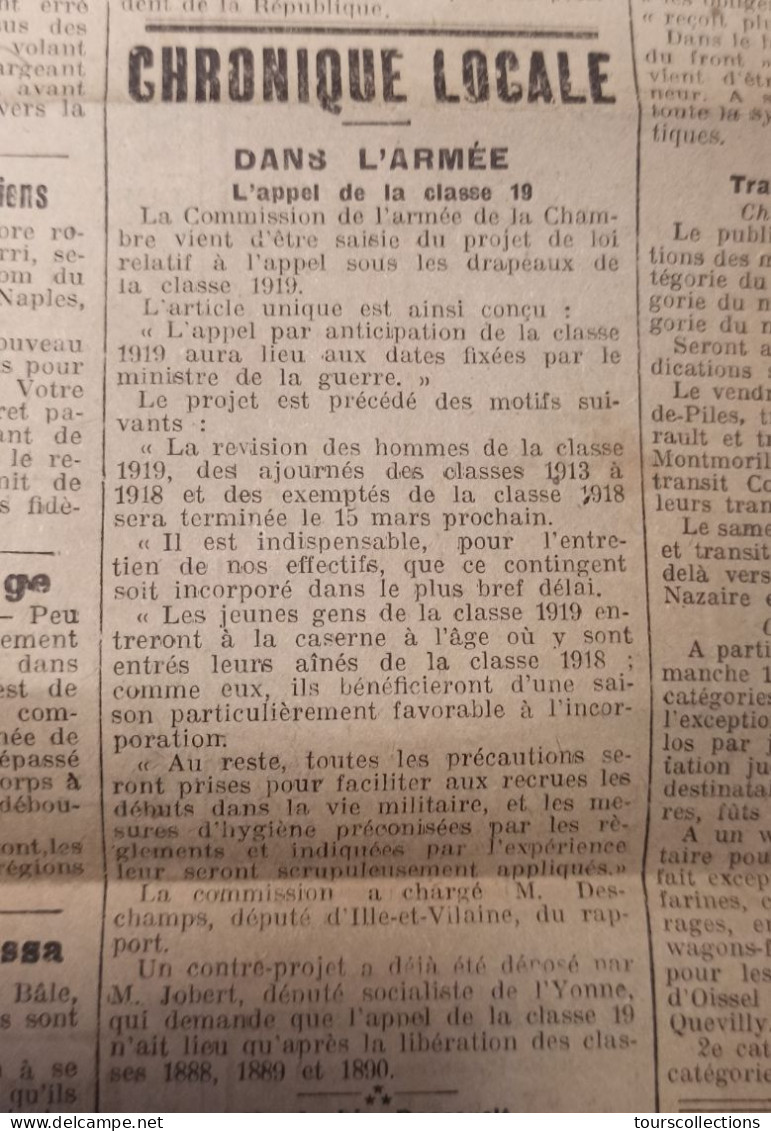 JOURNAL ANCIEN D' INDRE ET LOIRE (37) Touraine Républicaine 15 Mars 1918 WW1 Guerre Appel De La Classe 19 - Sonstige & Ohne Zuordnung