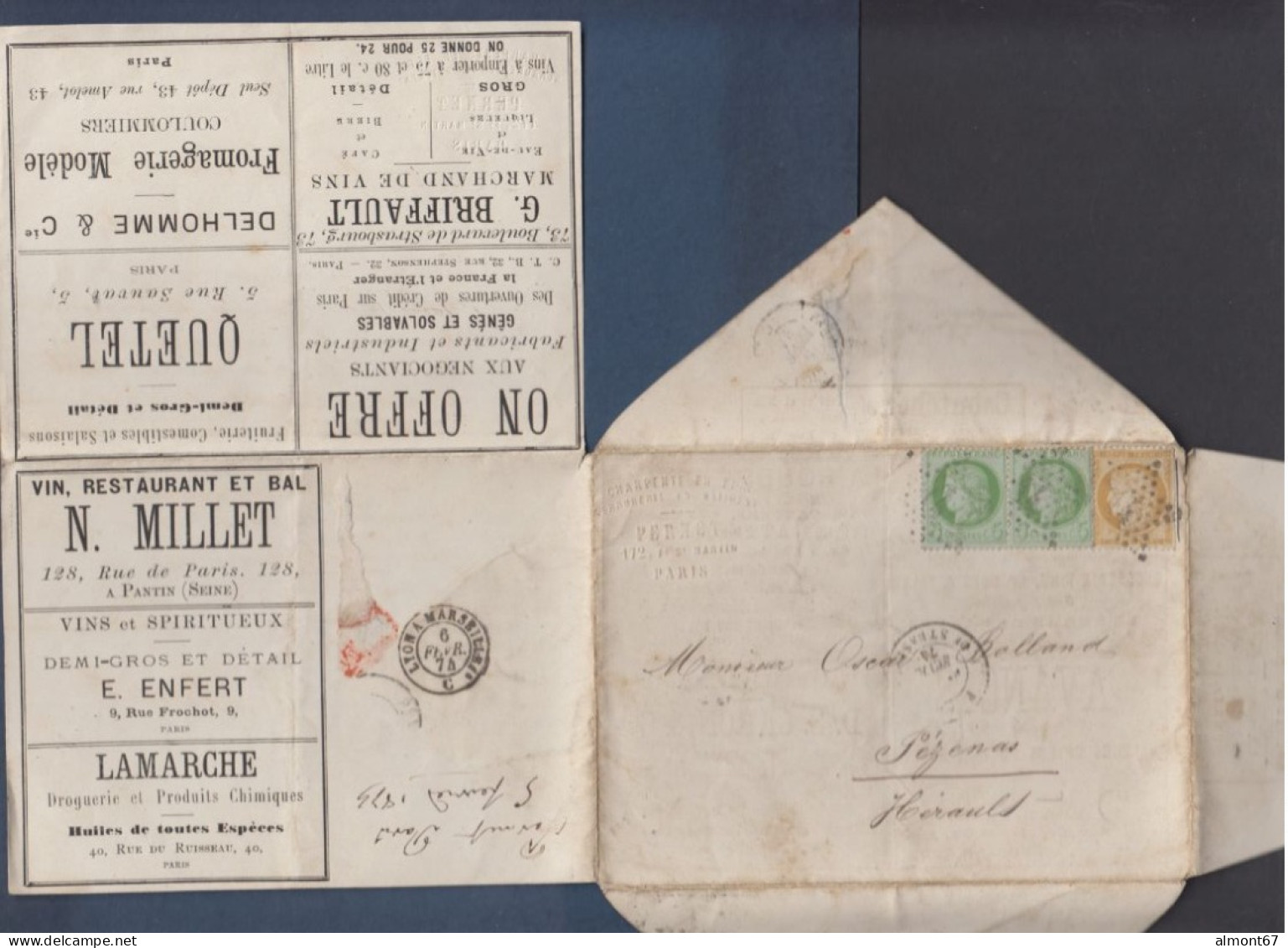 Exceptionnelle Enveloppe Lettre Publicitaire Affranchie Avec Timbres Cérès ( 6 Scans ) - 1871-1875 Cérès