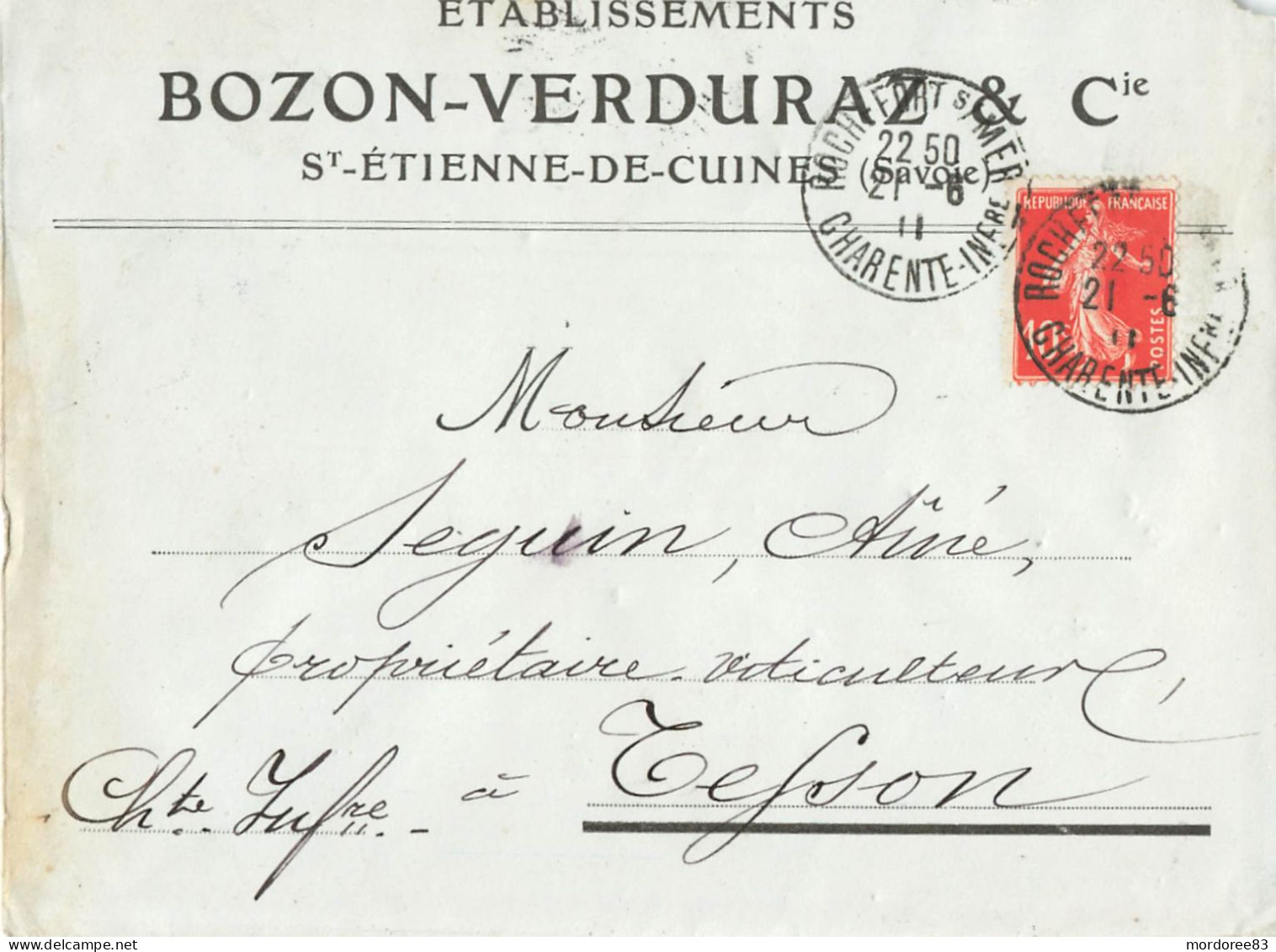 SEMEUSE 40C + VIGNETTE ETS BOZON - VERDURAZ NOUILLES DE SAVOIE ST ETIENNE DE CUINES 21/6/1911 POUR TESSON - 1921-1960: Periodo Moderno