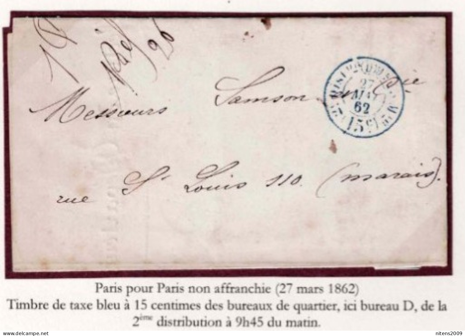 PARIS POUR PARIS TIMBRE DE TAXE BLEU DU BUREAU DE QUARTIER "D" 27 MARS 1862 - 1849-1876: Periodo Classico