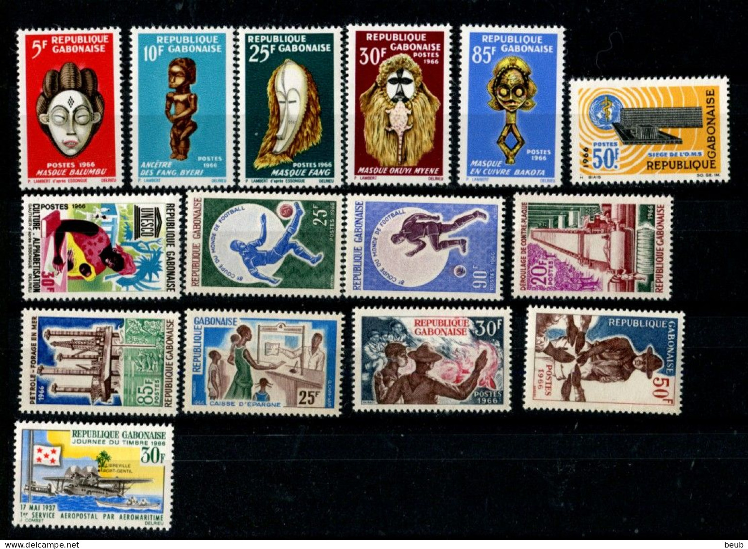 V - GABON : Année 1966 : Y&T 186 à 201 + PA 43 à 50 : 25 Timbres Tous NSC ** - Gabun (1960-...)