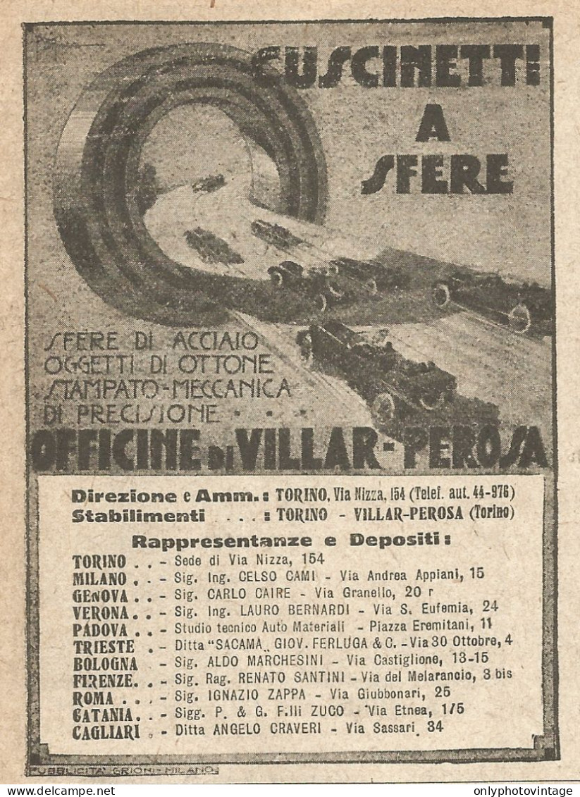 Cuscinetti A Sfere - Officine Di Villar Perosa - Pubblicità Del 1923 - Ad - Advertising