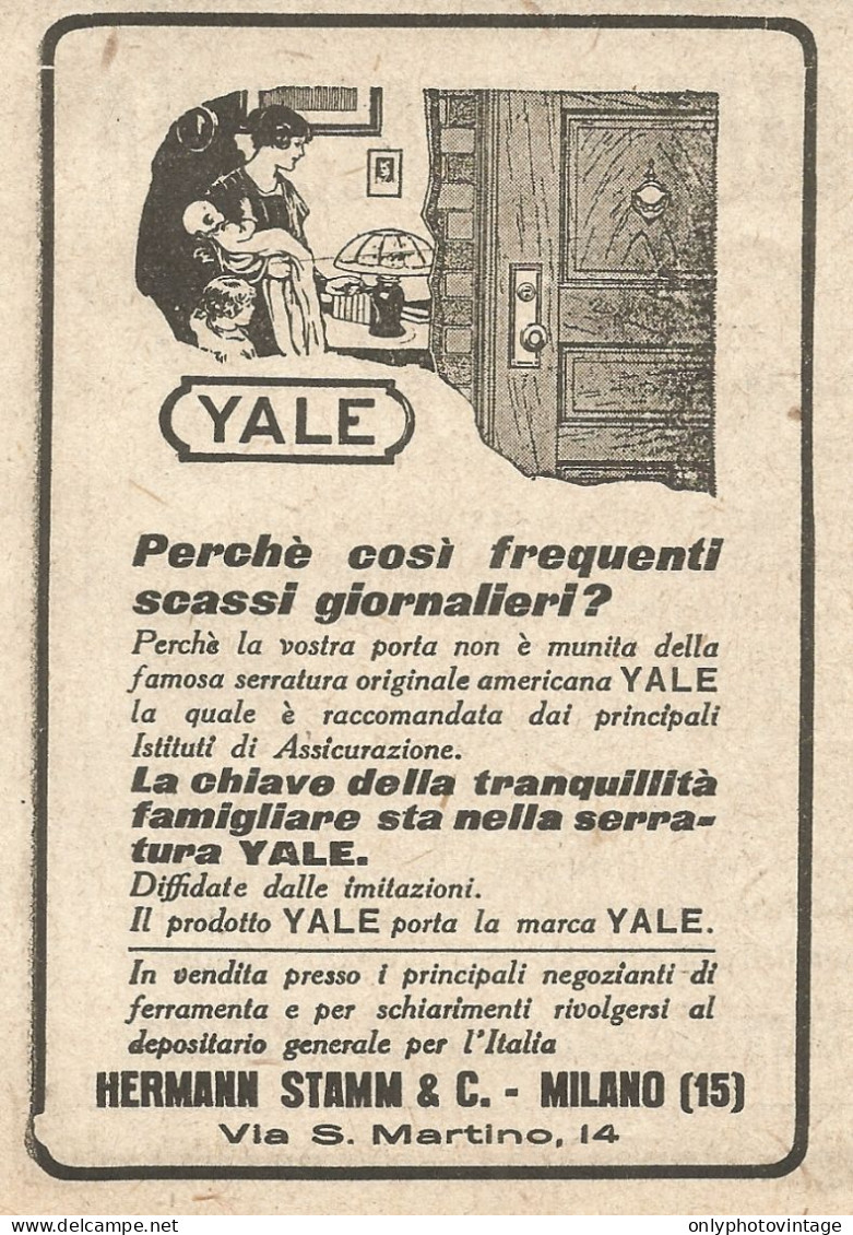Serratura YALE - Pubblicità Del 1923 - Vintage Advertising - Advertising