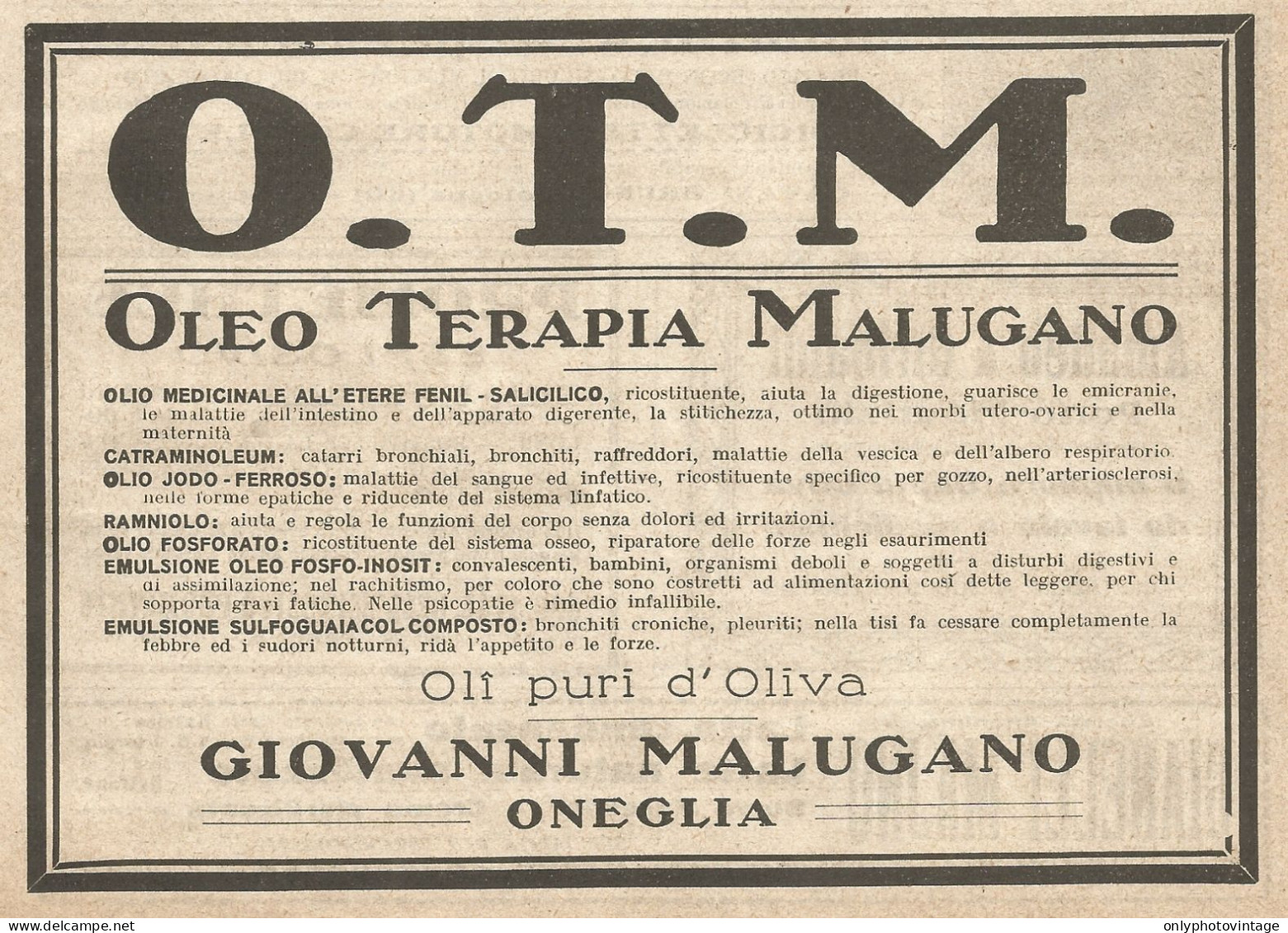 Oleo Terapia Malugano - Oneglia - Pubblicità Del 1923 - Vintage Advert - Advertising