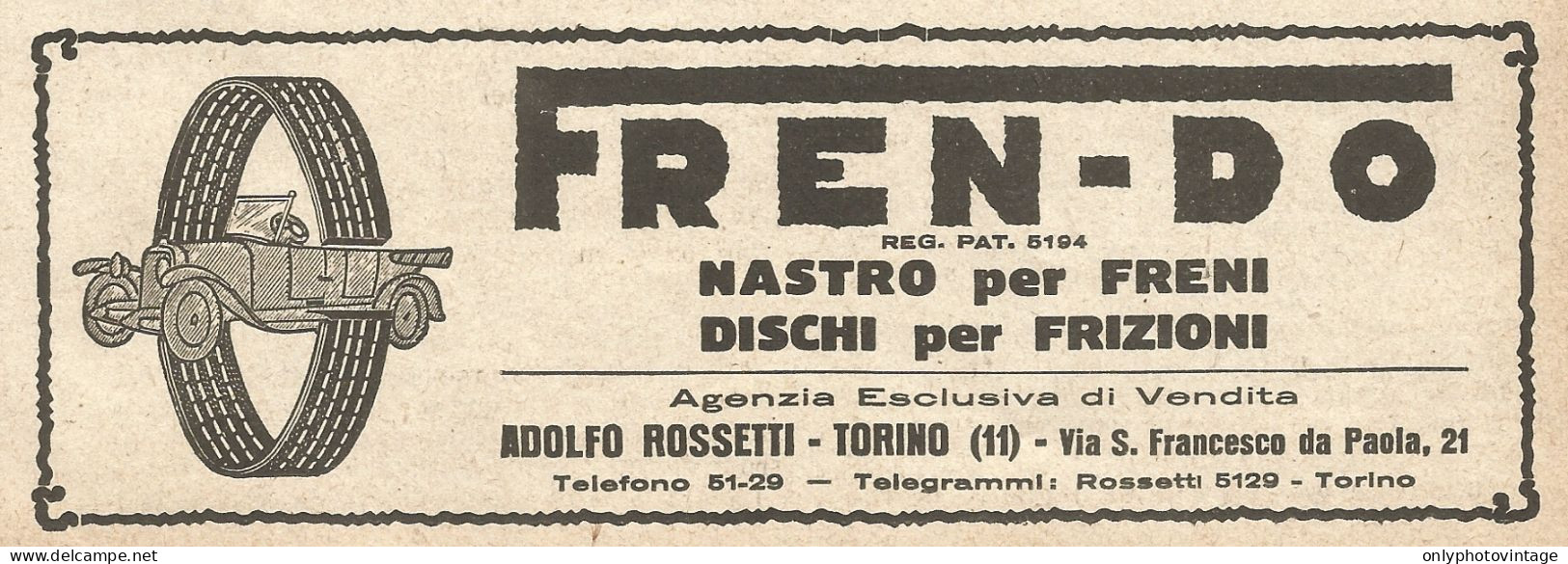 Nastro Per Freni FREN-DO - Pubblicità Del 1923 - Vintage Advertising - Advertising