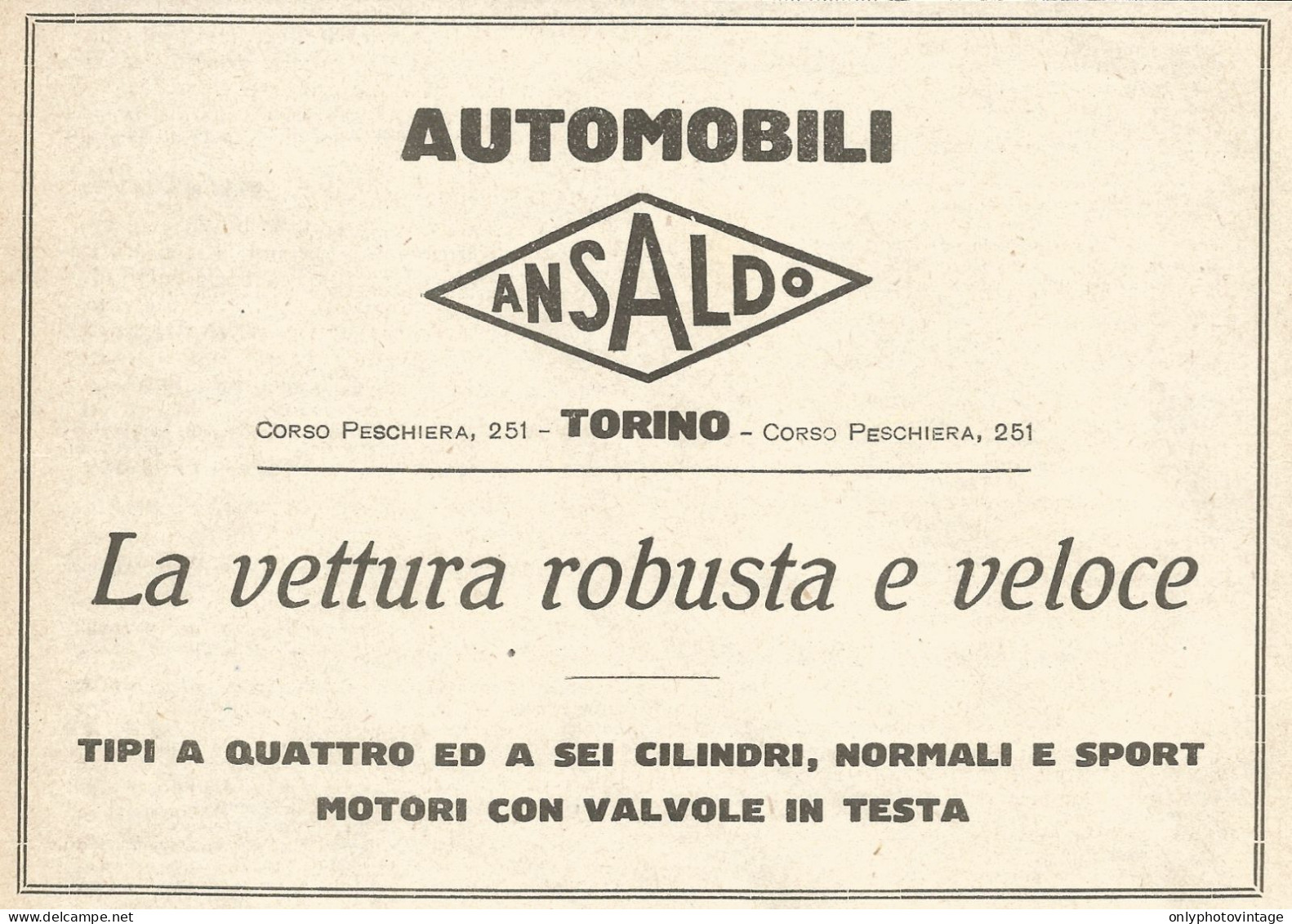 ANSALDO La Vettura Robusta E Veloce - Pubblicità Del 1923 - Vintage Advert - Advertising