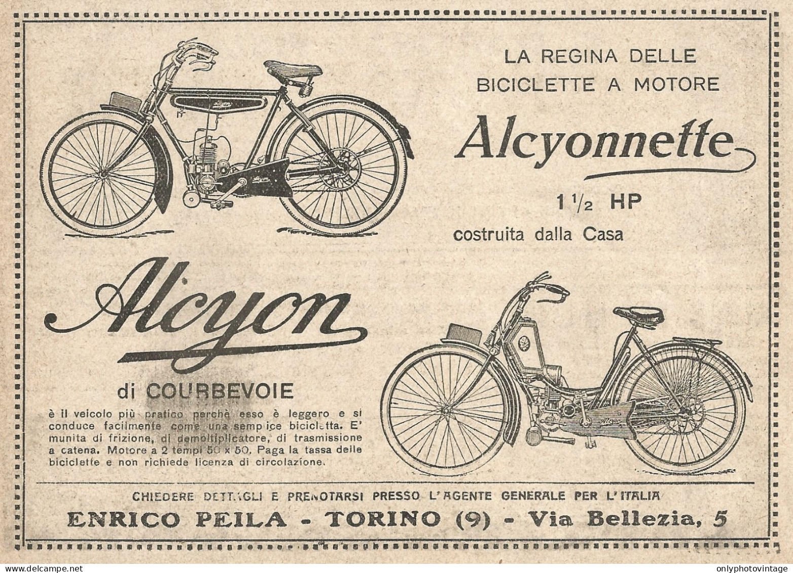 ALCYONNETTE La Regina Delle Bici A Motore - Pubblicità Del 1923 - Advert - Pubblicitari