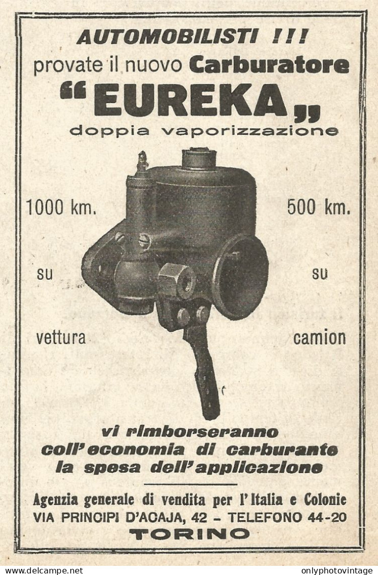 Carburatore EUREKA - Doppia Vaporizzazione - Pubblicità Del 1923 - Advert - Pubblicitari