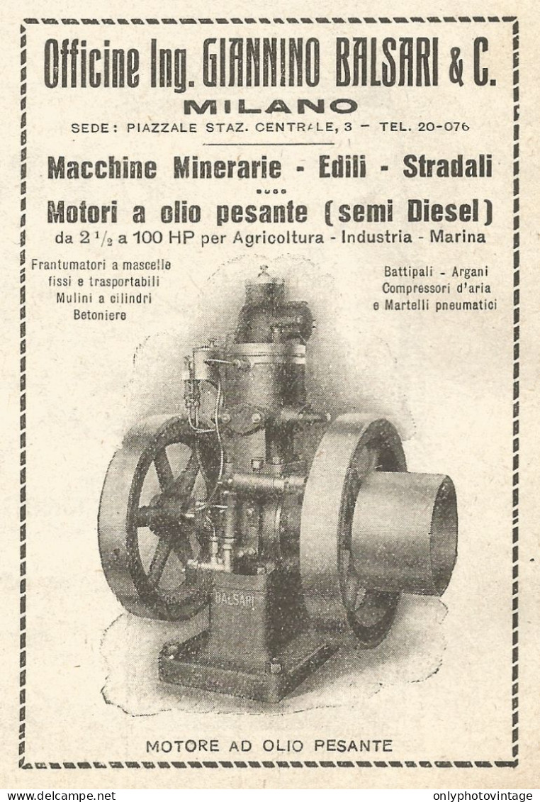 Officine Ing. Giannino BALSARI - Milano - Pubblicità Del 1923 - Vintage Ad - Pubblicitari