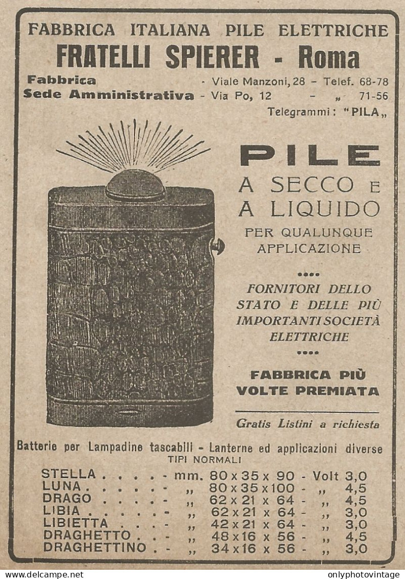 Pile Elettriche Fratelli SPIERER - Roma - Pubblicità Del 1917 - Vintage Ad - Pubblicitari