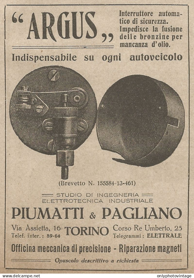 ARGUS - Piumatti & Pagliano - Torino - Pubblicità Del 1917 - Vintage Ad - Pubblicitari