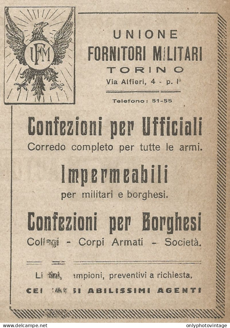 Unione Forniture Militari - Torino - Pubblicità Del 1917 - Vintage Advert - Pubblicitari