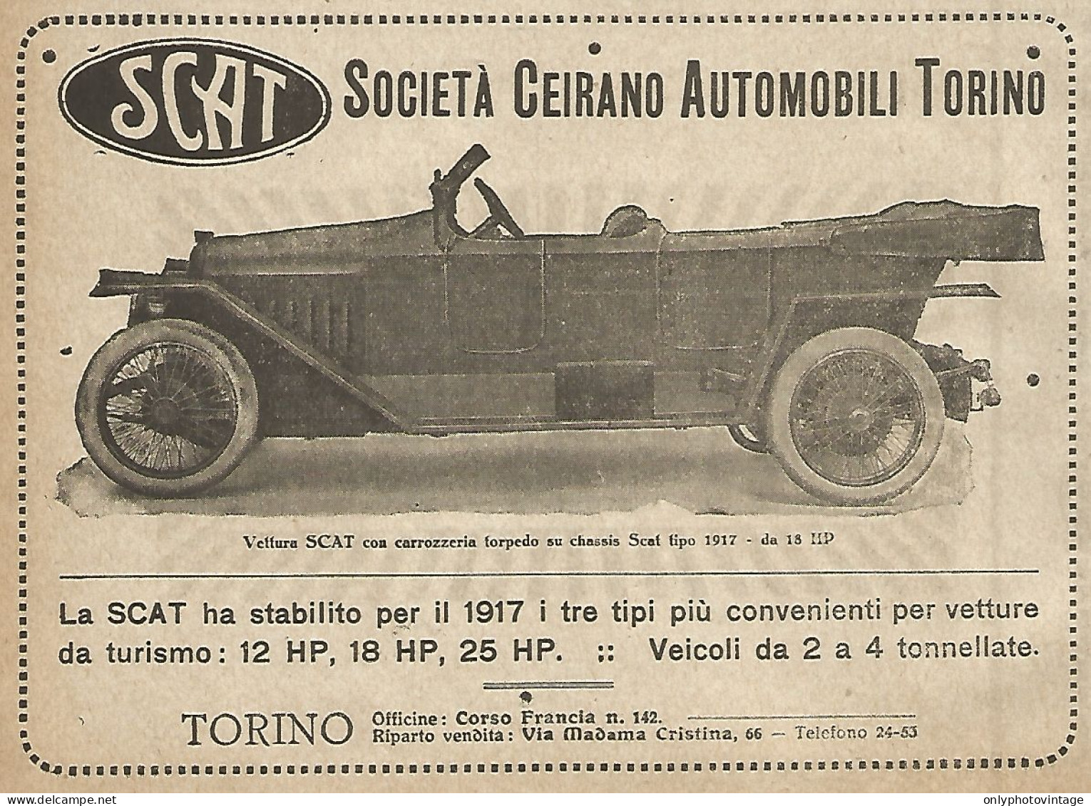 Vettura SCAT Torpedo - Ceirano - Pubblicità Del 1917 - Vintage Advertising - Pubblicitari