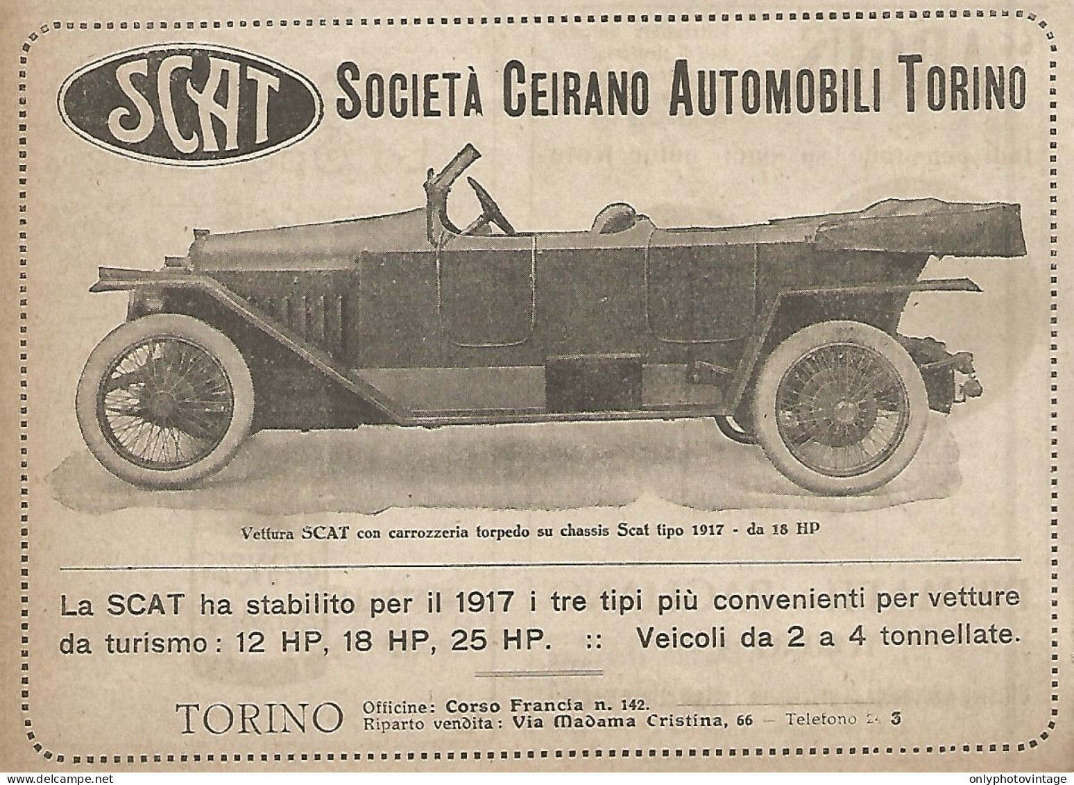 Vettura SCAT Torpedo - Ceirano - Pubblicità Del 1917 - Vintage Advertising - Advertising