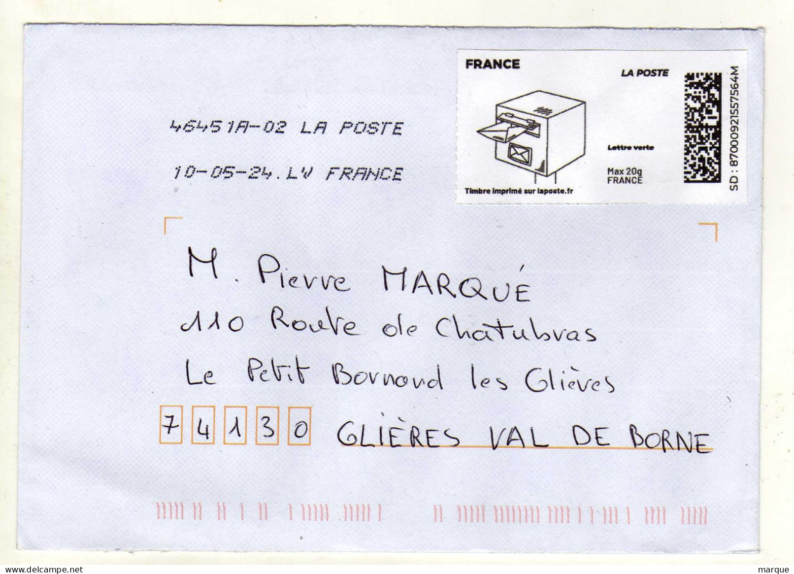 Enveloppe FRANCE Avec Vignette Affranchissement Lettre Verte Oblitération LA POSTE 46451A-02 10/05/2024 LV - 2010-... Vignettes Illustrées