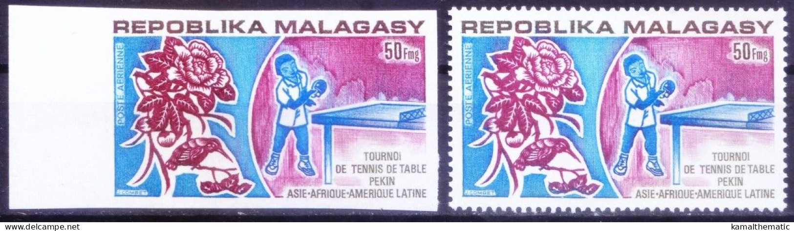 Madagascar Perf+Imperf 1974 MNH, Table Tennis, Sports, Hummingbird, Hibiscus Flower - Tenis De Mesa