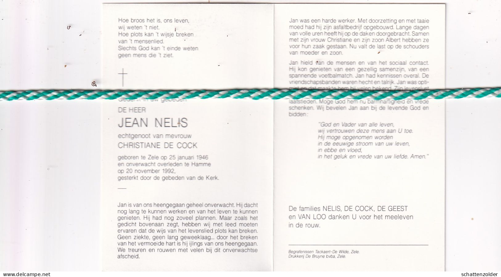 Jean Nelis-De Cock, Zele 1946, Hamme 1992. Foto - Todesanzeige