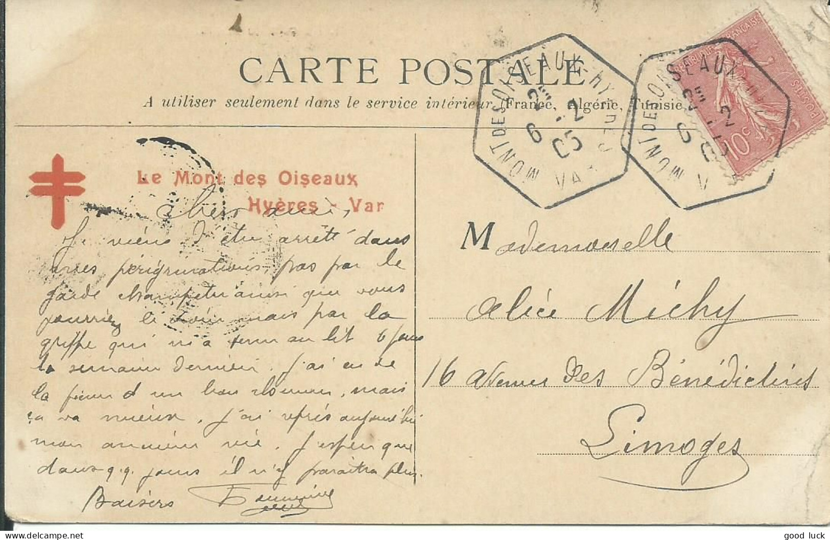 FRANCE CARTE 10c LE MONT DES OISEAUX-HYERES ( VAR ) CROIX DE LORRAINE POUR LIMOGES ( HAUTE VIENNE ) DE 1905 LETTRE COVER - Aushilfsstempel