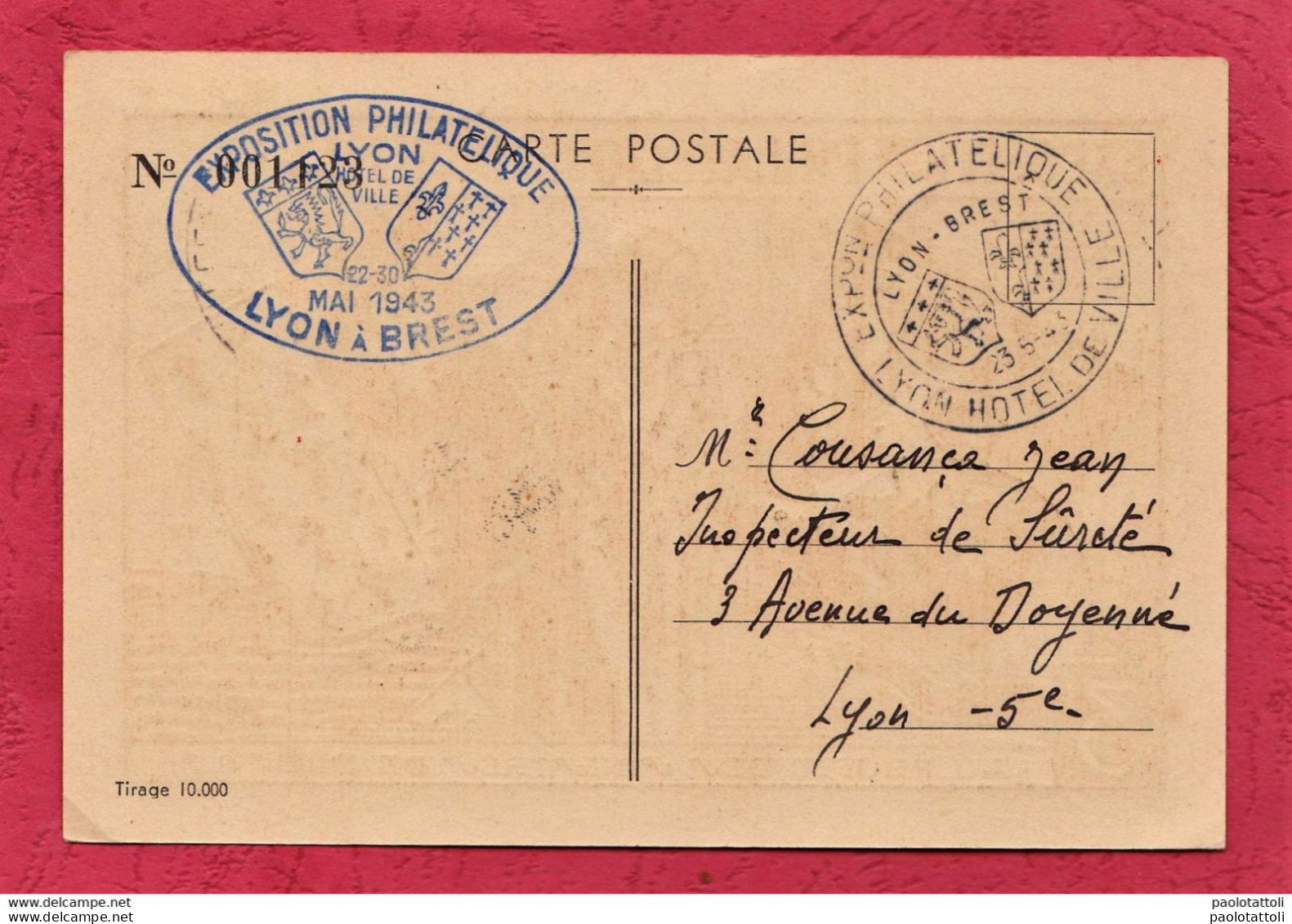 Exposition Philatelique Lyon 1943. Post Card Signed By Erge -Small Size, Divided Back. Tirage 10000 . - Sammlerbörsen & Sammlerausstellungen