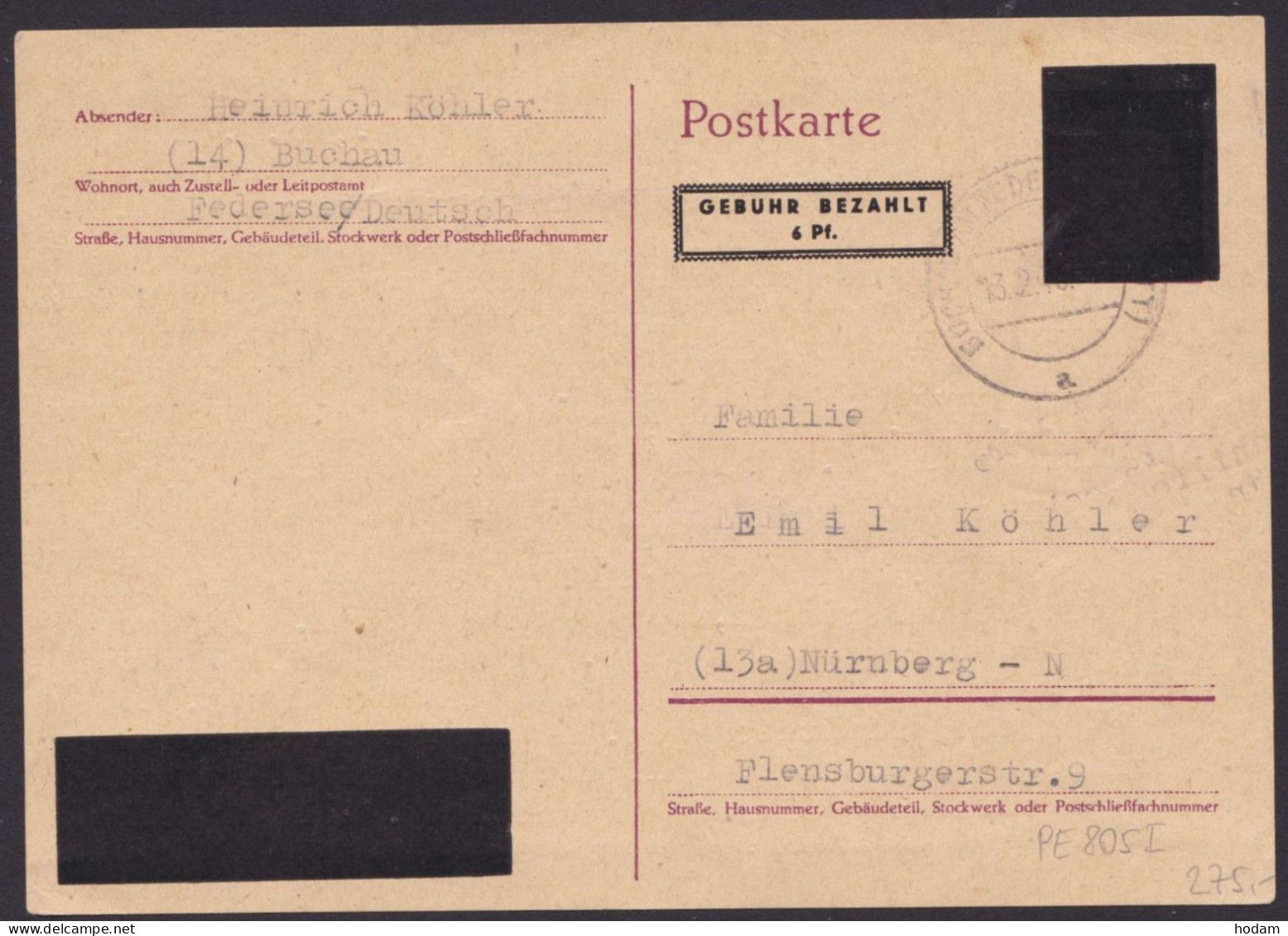 GS: P D 806 I, O, Sauberer Bedarf Buchau", 13.2.46 - Amtliche Ausgaben