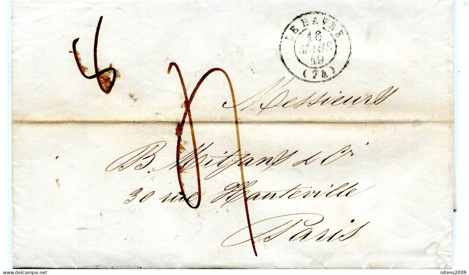 Lettre Du Havre à Paris Taxe 4 Décimes Pour 8g Au Dos Cachet à Date LIGNE Du HAVRE Pothion Indice 16 Du 16 Mars 1849 Sup - 1849-1876: Klassieke Periode