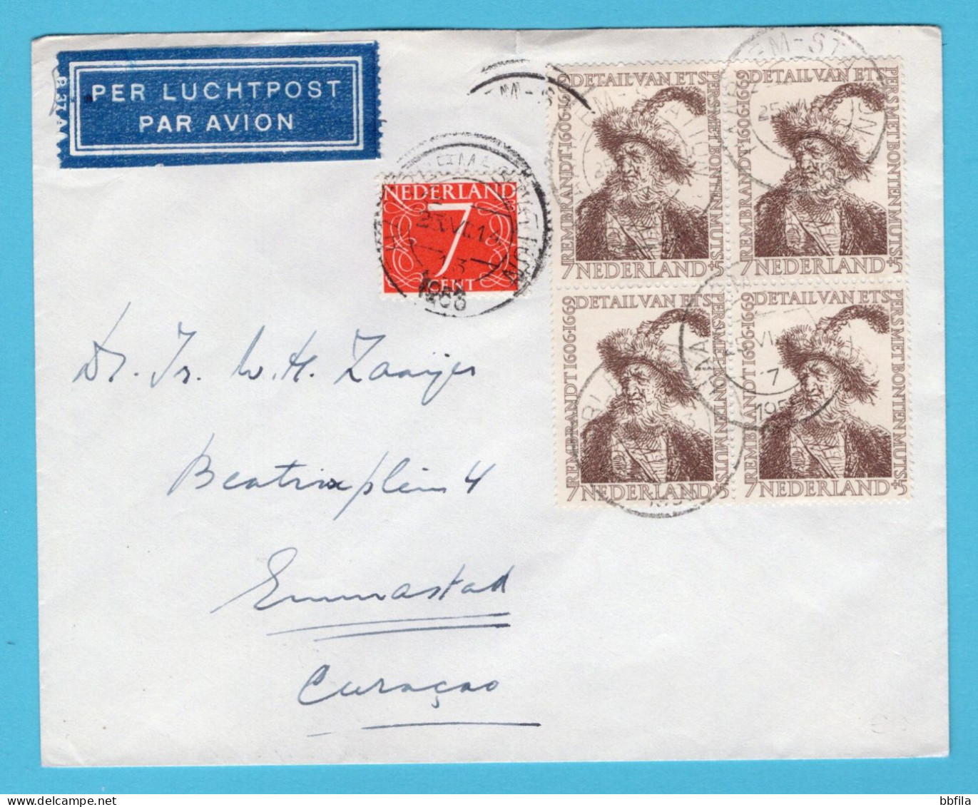 NEDERLAND Luchtpost Brief 1956 Haarlem Met Rembrandt 7ct In Blok Van 4 Naar Curaçao - Storia Postale
