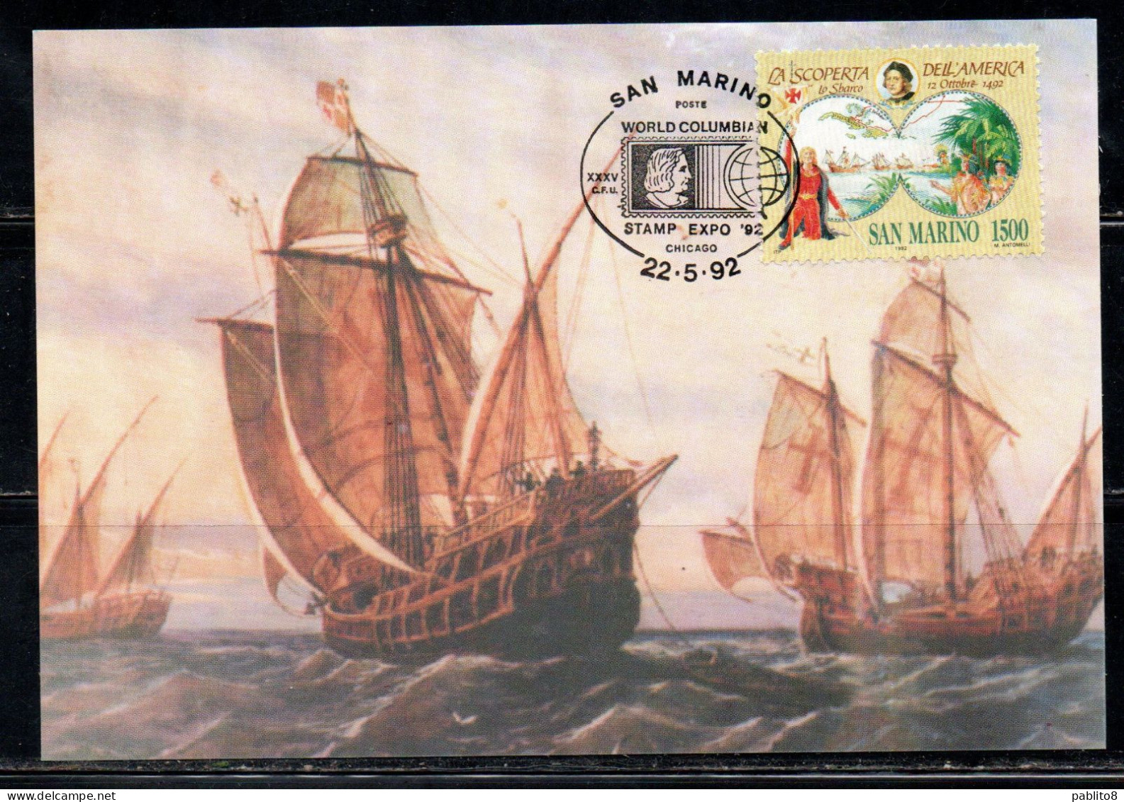 REPUBBLICA DI SAN MARINO 1992 CELEBRAZIONI COLOMBIANI SCOPERTA AMERICA LIRE 1500 MAXI MAXIMUM CARD CARTOLINA CARTE - FDC