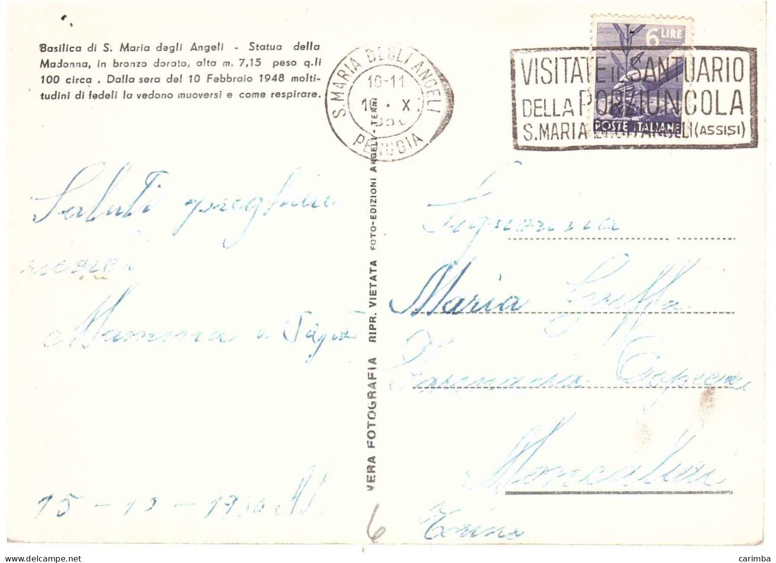 CARTOLINA ASSISI SANTA MARIA DEGLI ANGELI ANNULLO TARGHETTA SANTUARIO DELLA PORZIUNCOLA - 1946-60: Poststempel