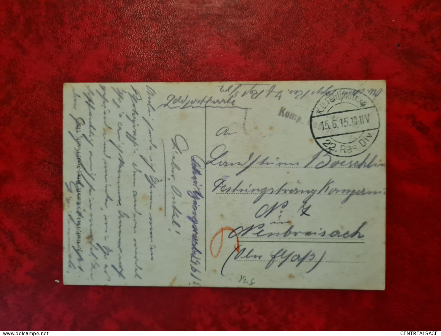 POSTKARTE FELDPOST 1915 CARTE MILITARIA POUR NEUF BRISACH 22 RES. DIV - Sonstige & Ohne Zuordnung