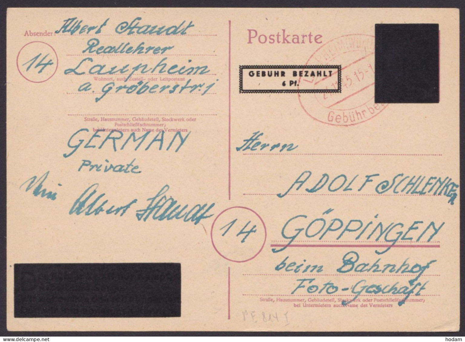 GS: P E 814 I, O, Bedarf, Oval "Laupheim-Gebühr Bezahlt", 24.11.45 - Algemene Uitgaven