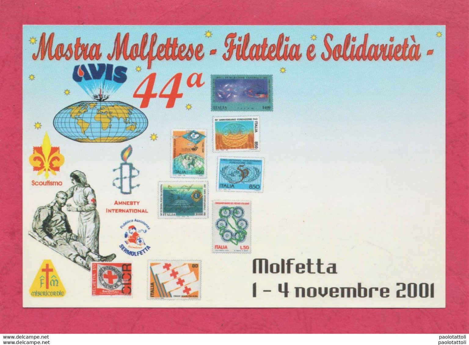 Molfetta . Mostra Molfettese. Filatelia E Solidarietà. 1-4 Novembre 2001- Advertising Card. Post Card Size. - Collector Fairs & Bourses