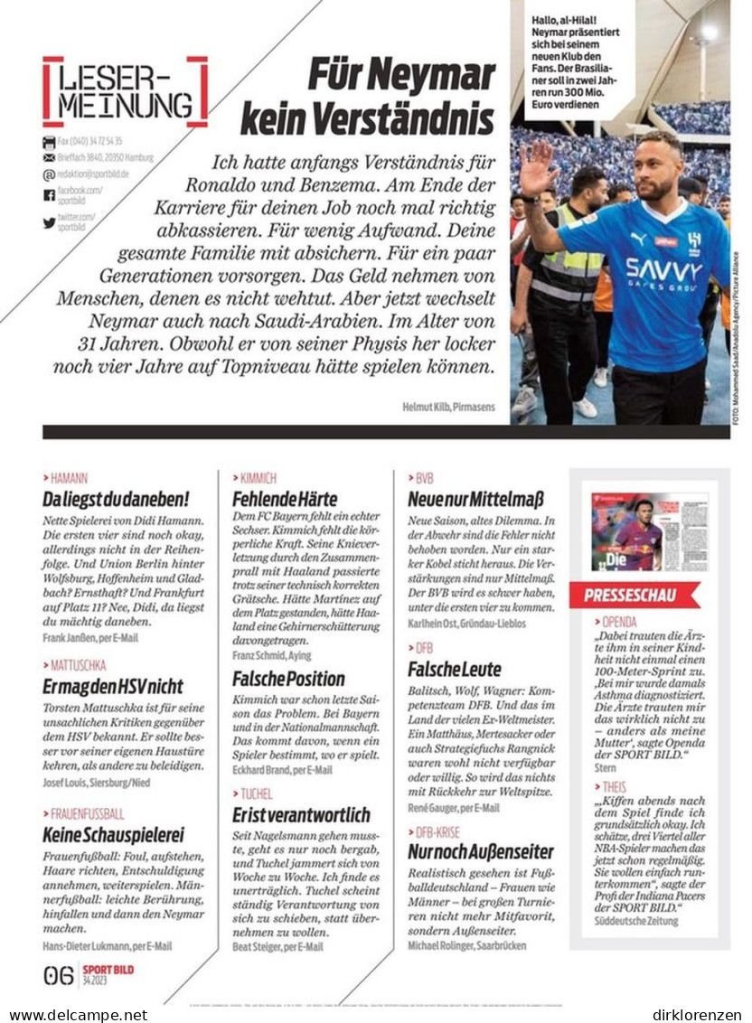 Sport Bild Magazine Germany 2023-34 Harry Kane Gündogan Tuchel Neymar