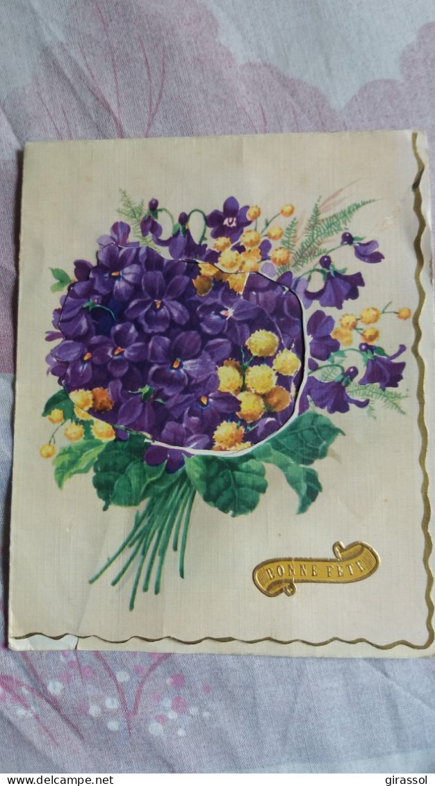 CPSM DOUBLE 4 PANS 3 D RELIEF SYSTEME POP UP FLEURS VIOLETTES MIMOSA BONNE FETE RH 907  FORMAT 12.5 PAR 15.5 CM - Sonstige & Ohne Zuordnung