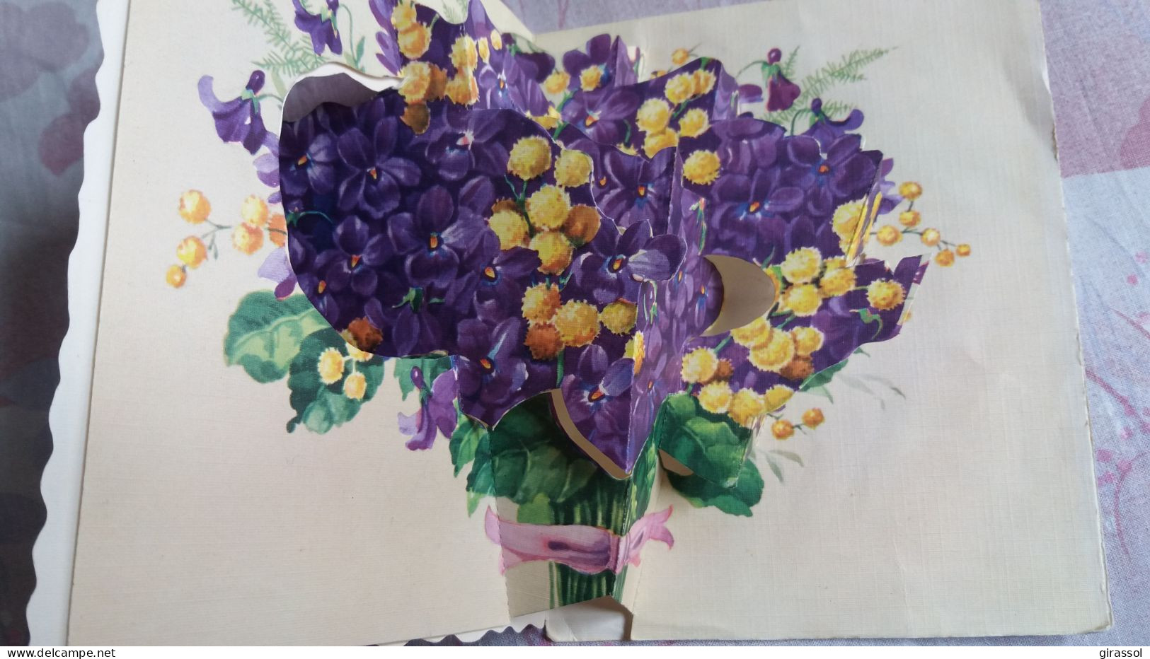 CPSM DOUBLE 4 PANS 3 D RELIEF SYSTEME POP UP FLEURS VIOLETTES MIMOSA BONNE FETE RH 907  FORMAT 12.5 PAR 15.5 CM - Sonstige & Ohne Zuordnung