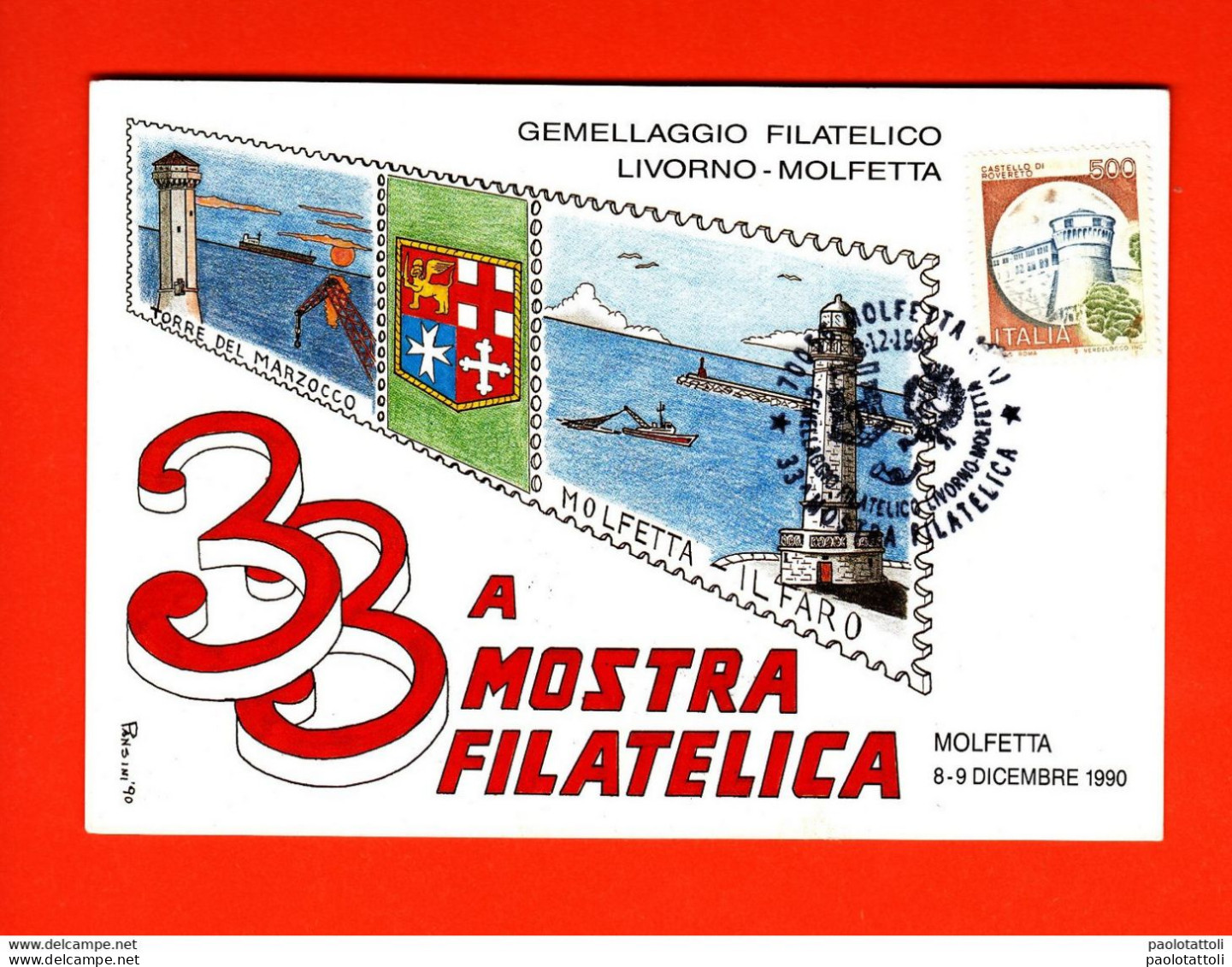 Molfetta, 1990- 33a Mostra Filatelica. Affrancata E Annullata Sul Recto Con Timbro Della Manifestazione. - Sammlerbörsen & Sammlerausstellungen