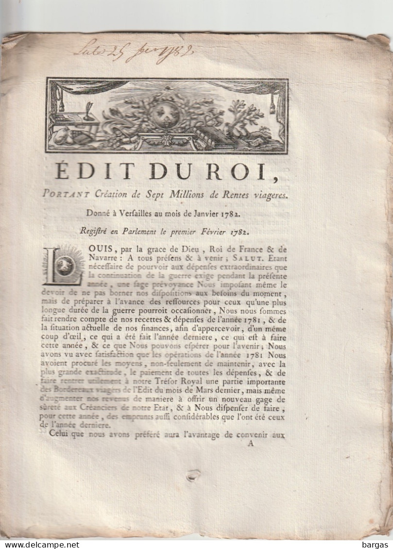 EDIT DU ROI Portant Sur La Création De 7 Millions De Rentes Viagères - Décrets & Lois