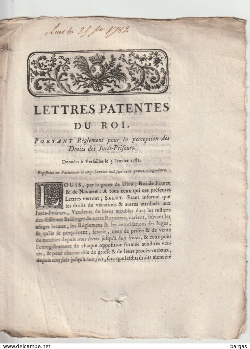 Lettres Patentes Du Roi Perception Des Droits Des Jurés Priseurs - Gesetze & Erlasse