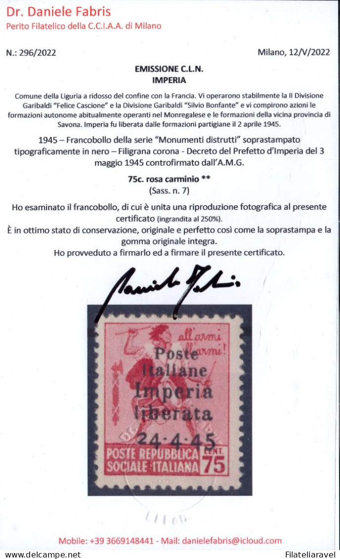 CLN (Comitati Di Liberazione Nazionale),Catalogo Sassone 1/9 Serie Non Completa - Certificati E Firmati. - Centraal Comité Van Het Nationaal Verzet (CLN)