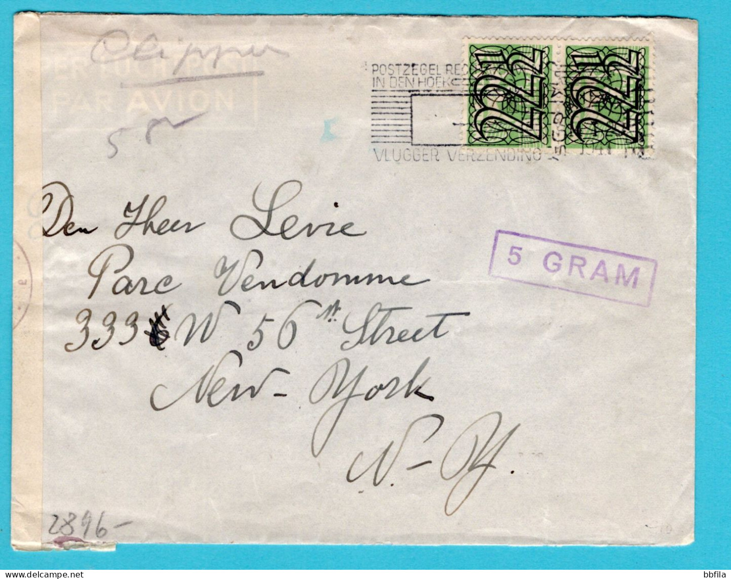 NEDERLAND Luchtpost Censuur Brief 1941 Den Haag Naar Joods Adres In New York, USA - Briefe U. Dokumente