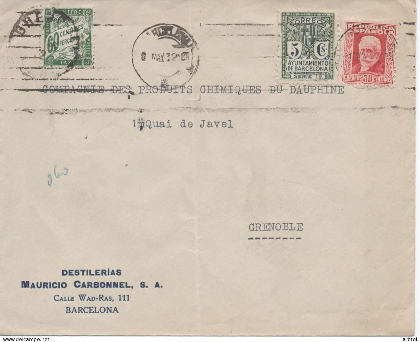 SEGUNDA REPUBLICA  BARCELONA A GRENOBLE CON AYUNTAMIENTO BARCELONA Y SELLO TASA FRANCIA - Lettres & Documents