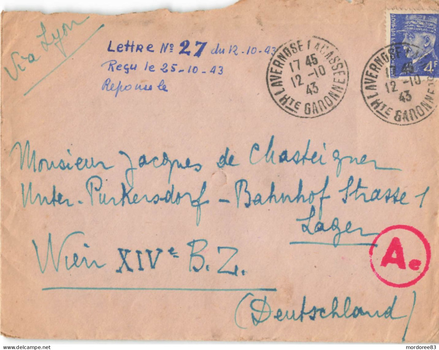 PETAIN 4F TYPO SUR LETTRE LAVERNOSE 12/10/1943 POUR STO LAGER PURKERSDORF WIEN CENSURE - Guerra Del 1939-45