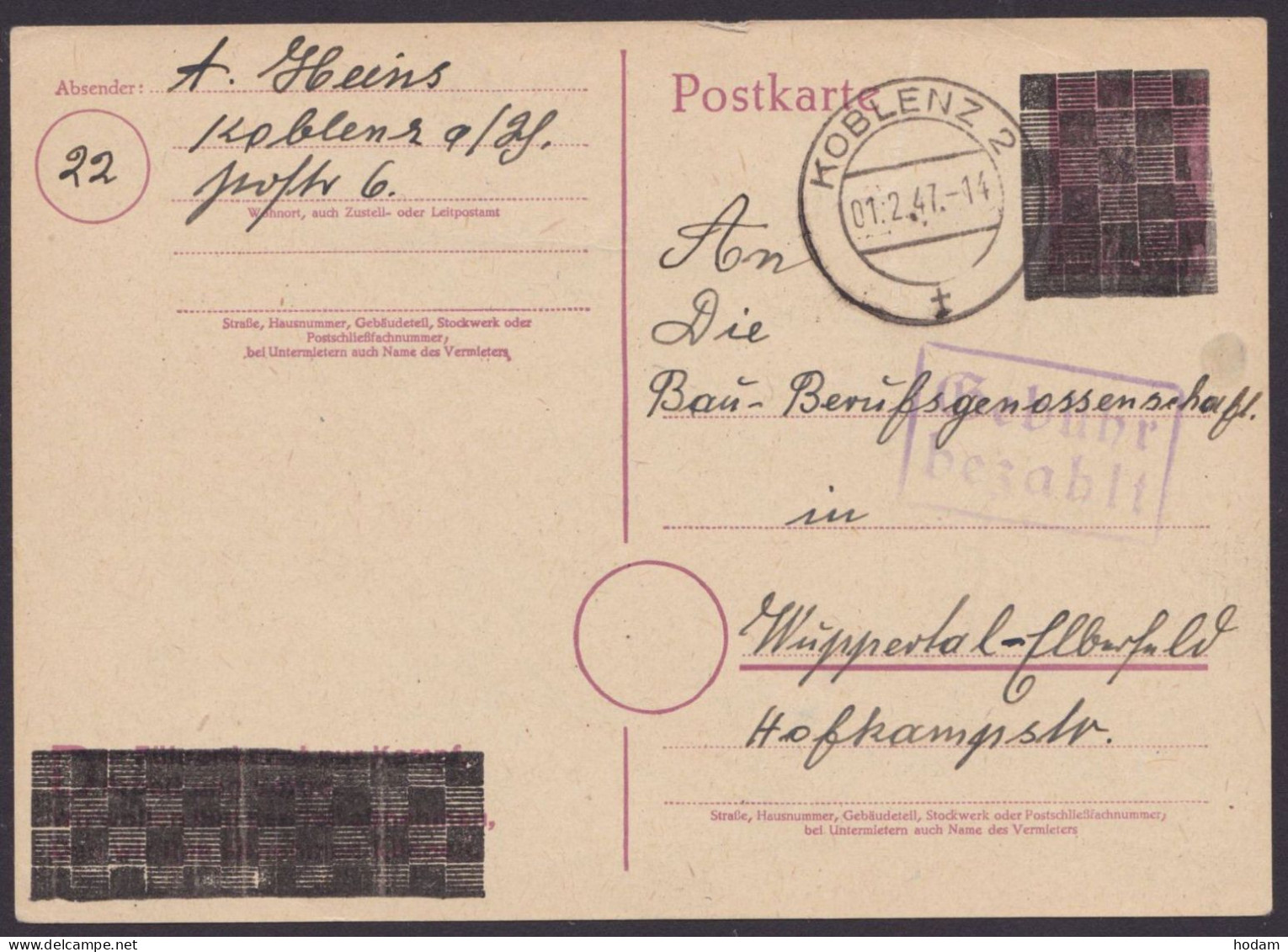 GS:DR P314 II, O, Schachbrettüberdruck, Bedarf "Koblenz", 1.2.47, Ra "Gebühr Bezahlt" - Emissions Générales