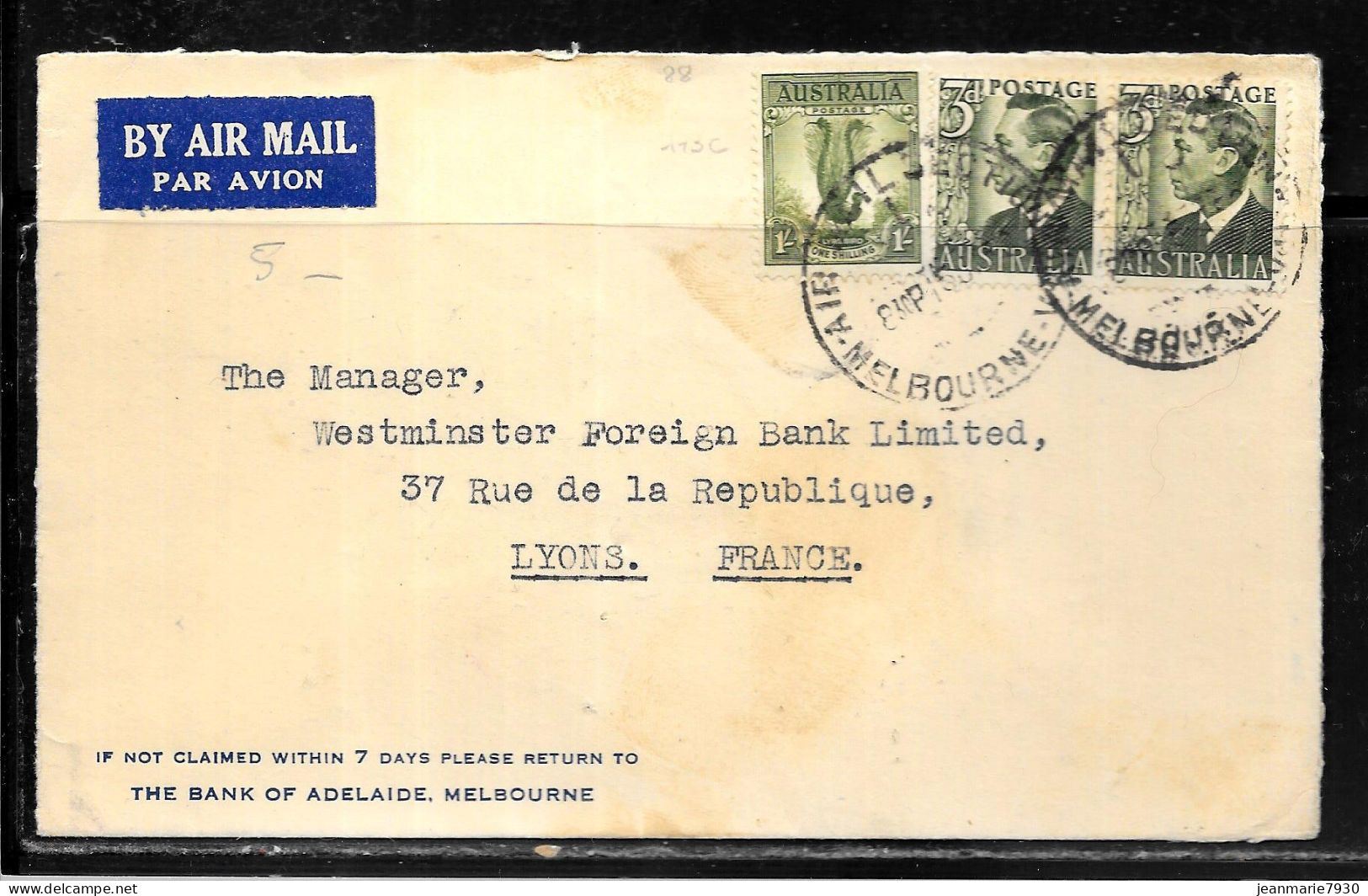 H312 - AUSTRALIE - LETTRE DE MELBOURNE POUR LYON - THE BANK OF ADELAIDE - Briefe U. Dokumente