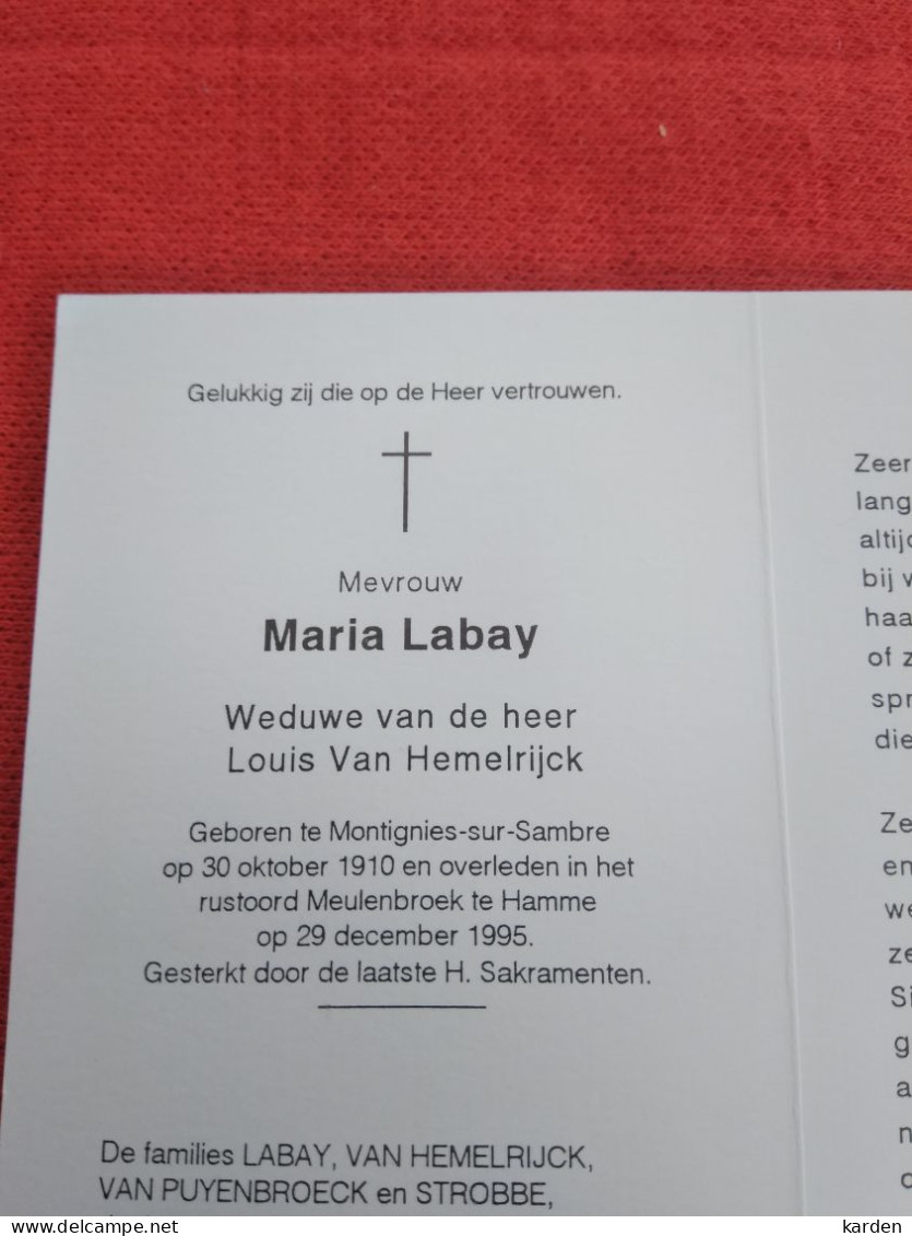 Doodsprentje Maria Labay / Montignies Sur Sambre 30/10/1910 Hamme 29/12/1995 ( Louis Van Hemelrijck ) - Religion & Esotérisme