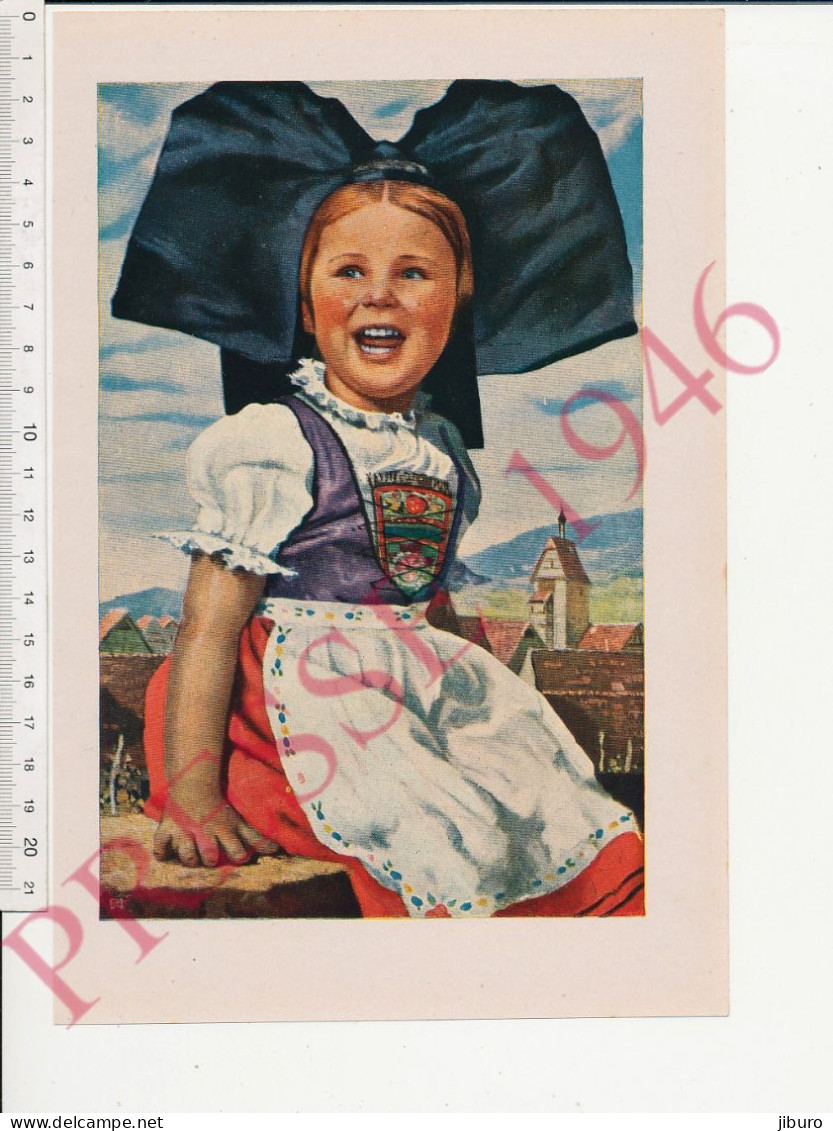 Doc 1946 Gravure Colorisée Fillette Alsacienne Enfant En Costume Folklore Alsace - Zonder Classificatie