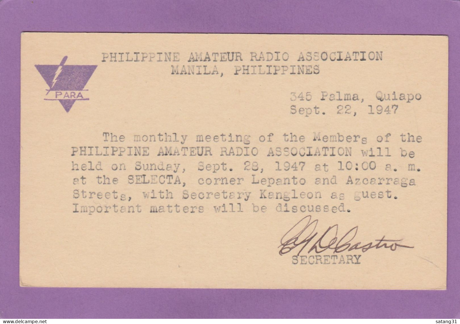 ENTIER POSTAL AVEC REPIQUAGE "PARA" DE MANILLE,1947. - Philippines