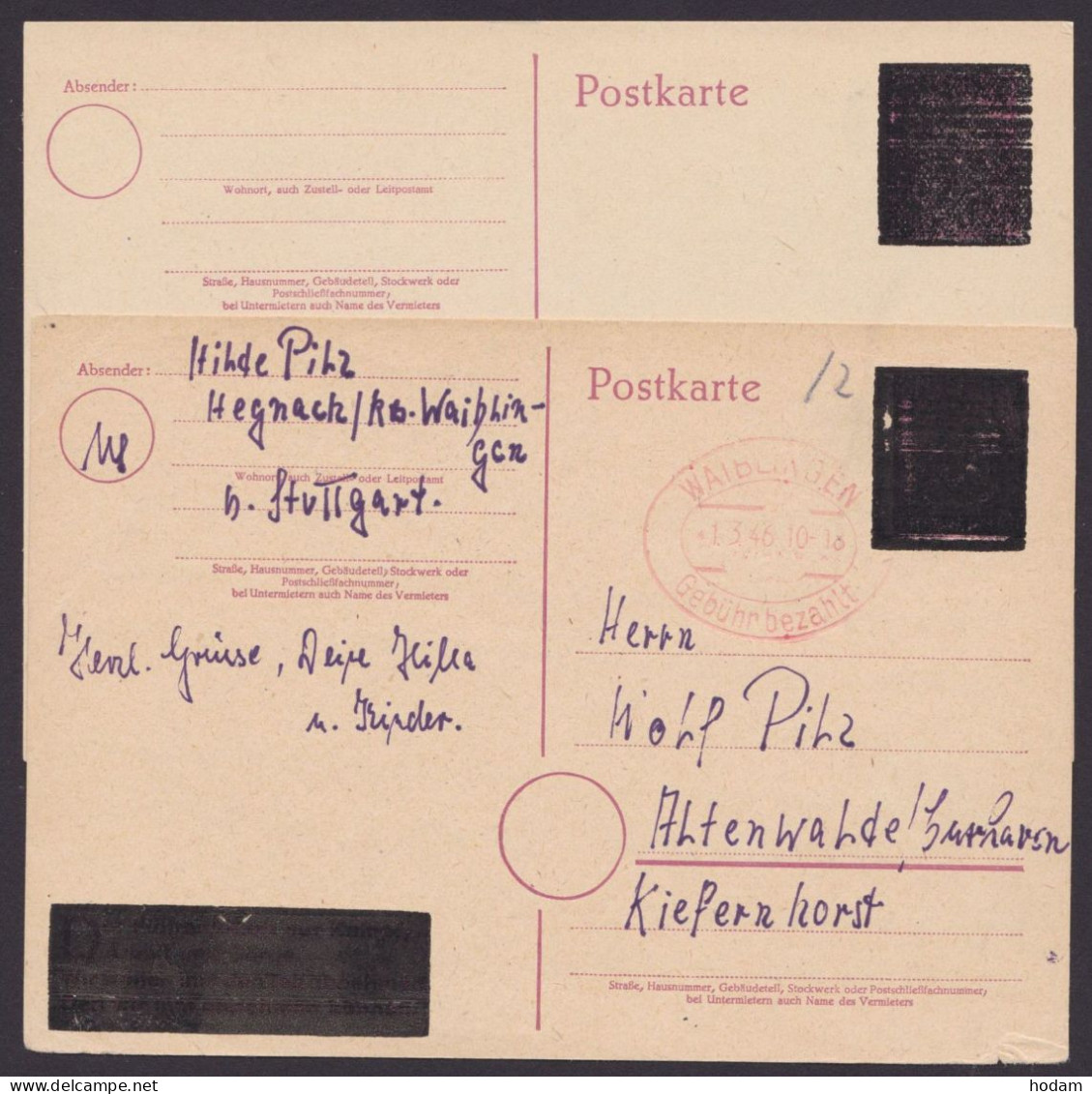 GS:DR P314 II, O, Schachbrettüberdruck, Gleiche Karte Als Sauberer Bedarf "Waiblingen", Gebühr Bezahlt, 1.3.46 - Emissions Générales