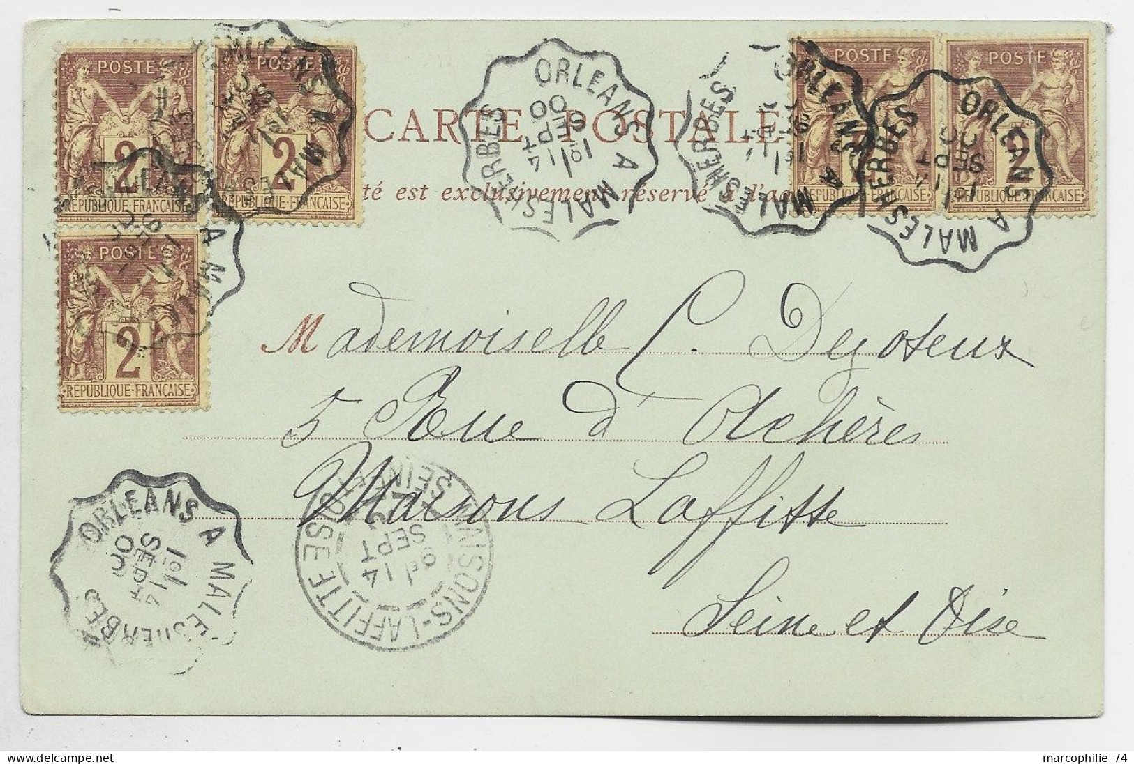 FRANCE SAGE 2C BRUNX5 CARTE ORLEANS CONVOYEUR ORLEANS A MALESHERBES 4 SEPT 1900 - 1877-1920: Semi Modern Period